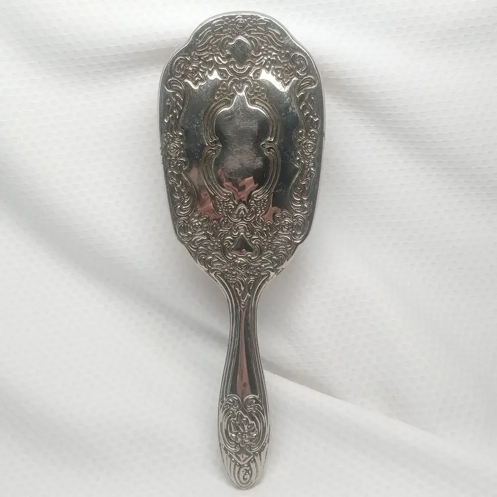 Vintage Silver Tone Ornate Hair Brush Repousse Cherub Vanity Decor Handheld